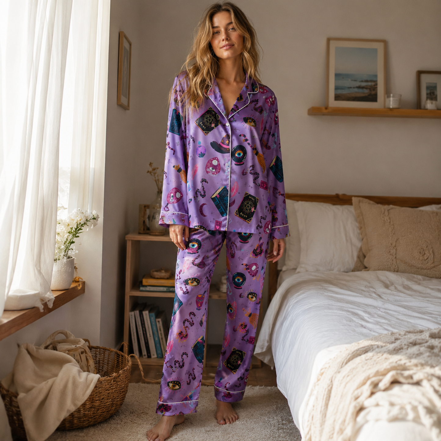 PJ-M387-Violet Witchy Magic Satin Pajamas Occult Spellbook Crystal Ball Sleepwear