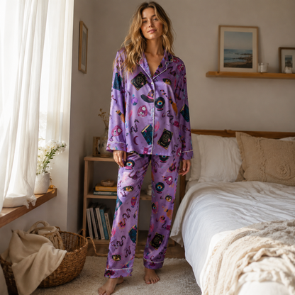 PJ-M387-Violet Witchy Magic Satin Pajamas Occult Spellbook Crystal Ball Sleepwear