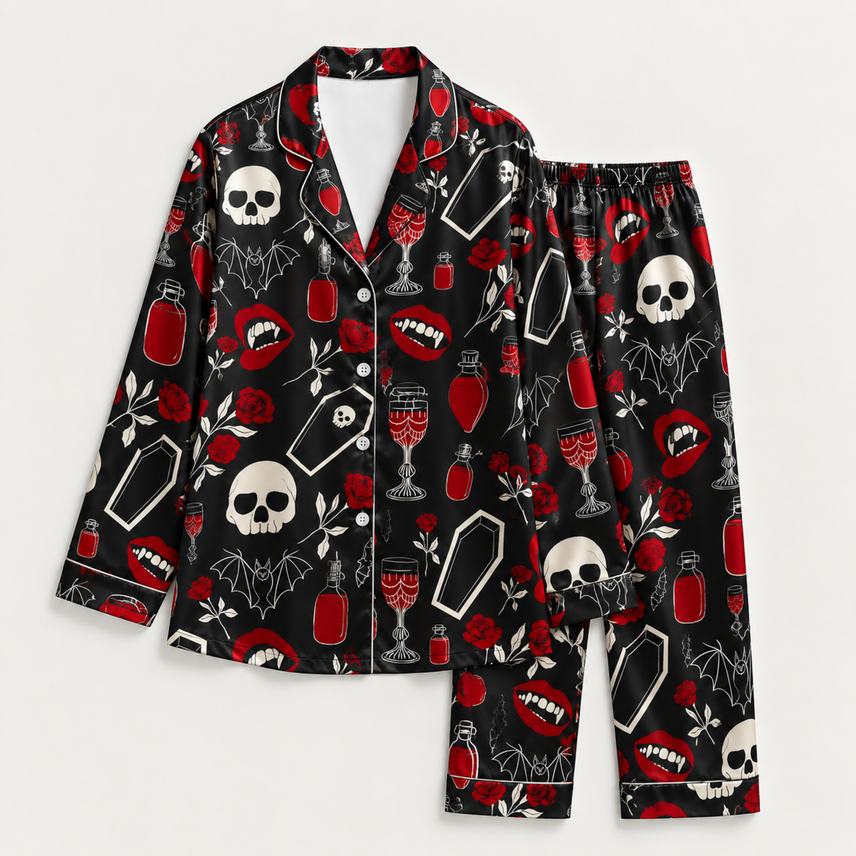 PJ-M388-Vampire Rose Skull Satin Pajamas Dark Gothic Coffin Sleepwear Pjs