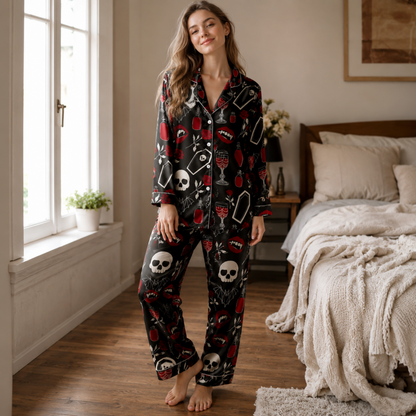 PJ-M388-Vampire Rose Skull Satin Pajamas Dark Gothic Coffin Sleepwear Pjs