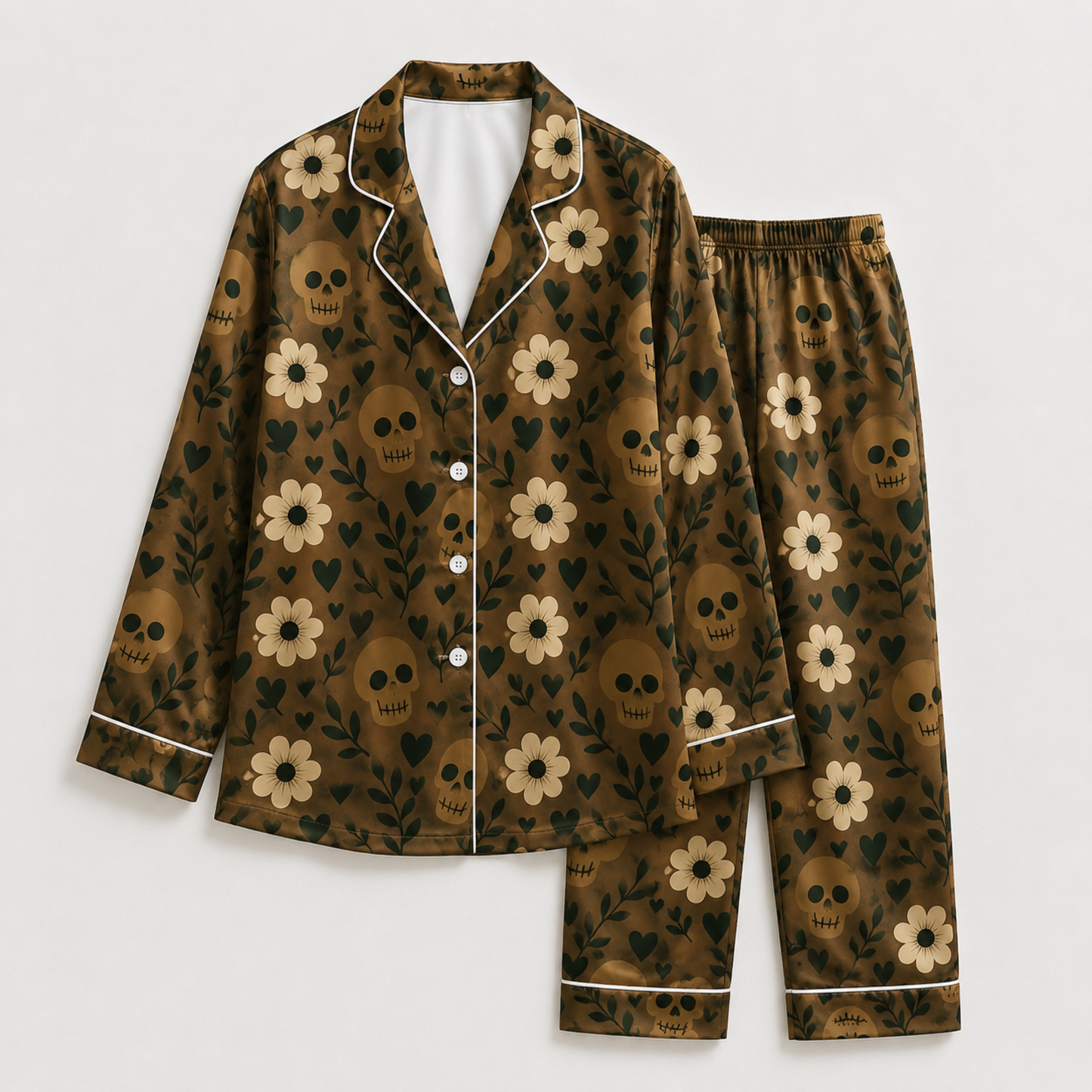 PJ-M389-Earth Tone Floral Skull Satin Pajamas Bohemian Botanical Heart Sleepwear Pjs