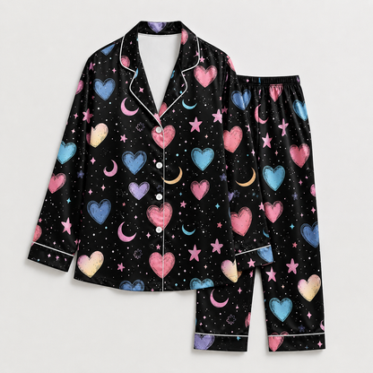 PJ-M390-Black Celestial Pastel Heart Satin Pajamas Star Moon Cosmic Sleepwear Pjs