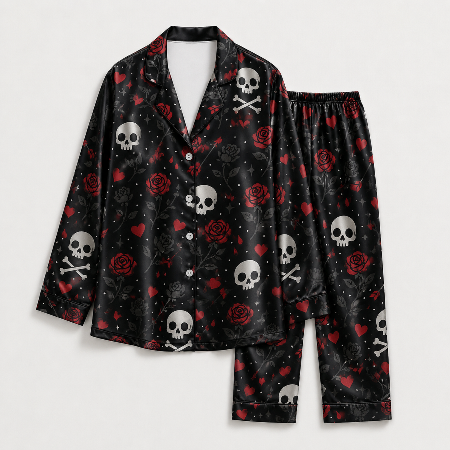 PJ-M391-Gothic Skull Red Rose Satin Pajamas Black Dark Romance Sleepwear Pjs