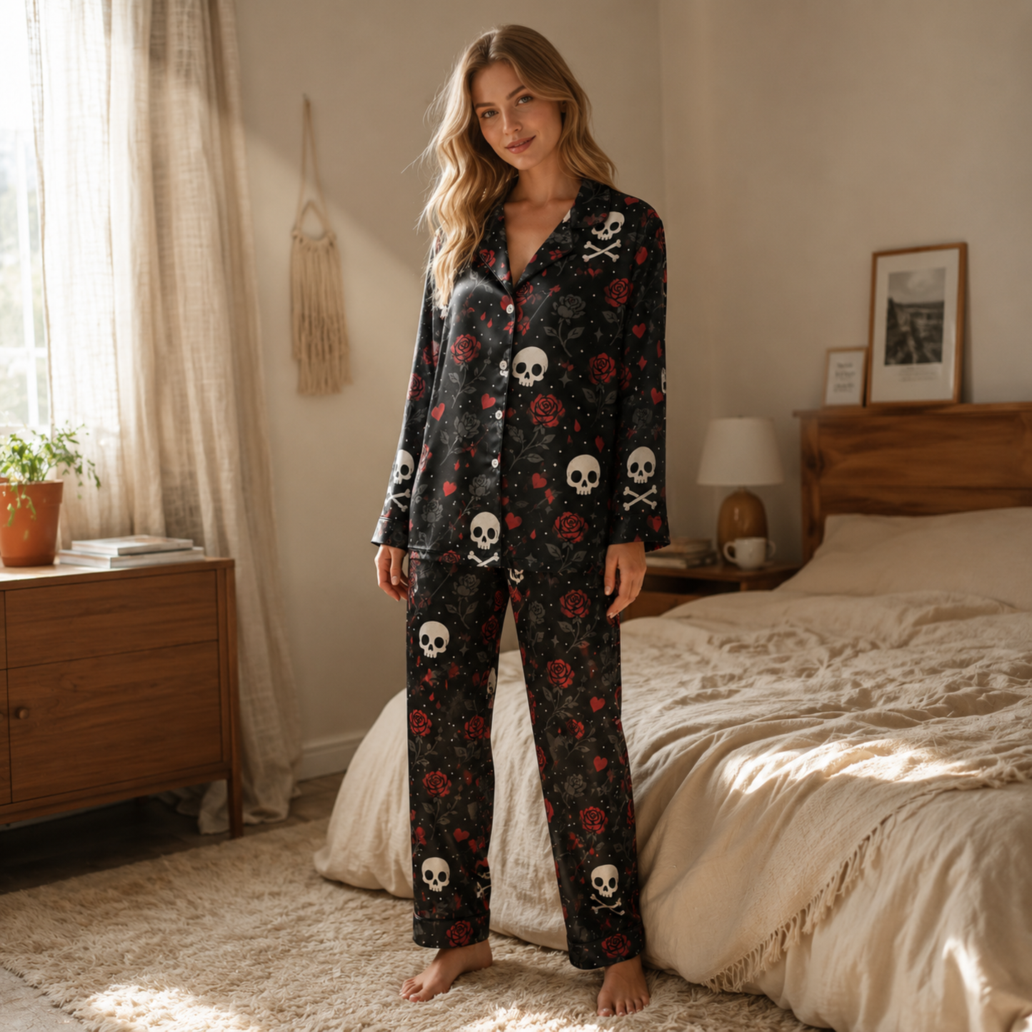 PJ-M391-Gothic Skull Red Rose Satin Pajamas Black Dark Romance Sleepwear Pjs