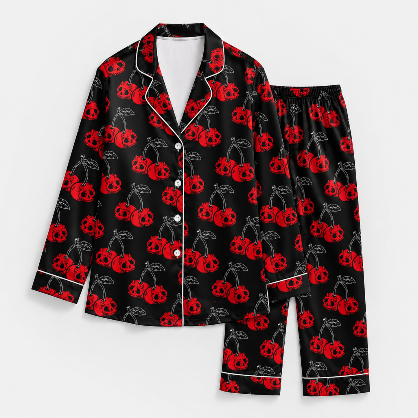 PJ-M392-Black Cherry Skull Satin Pajamas Gothic Red Alternative Rockabilly Sleepwear Pjs