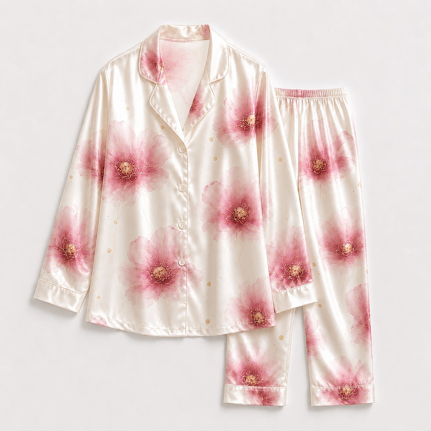 PJ-119-Watercolor Blossom Satin Pajama Set, Graphic Poppy Patterned Multicolor Unisex Loungewear Nightwear Apparel FREE SHIPING