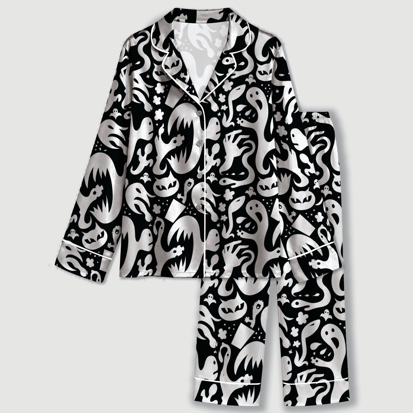 PJ-732-White And Yellow Ghost Patch Satin Pajama Set with Charming Halloween Celebration Print