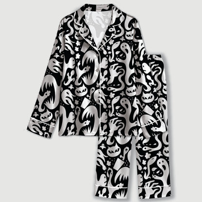 PJ-732-White And Yellow Ghost Patch Satin Pajama Set with Charming Halloween Celebration Print
