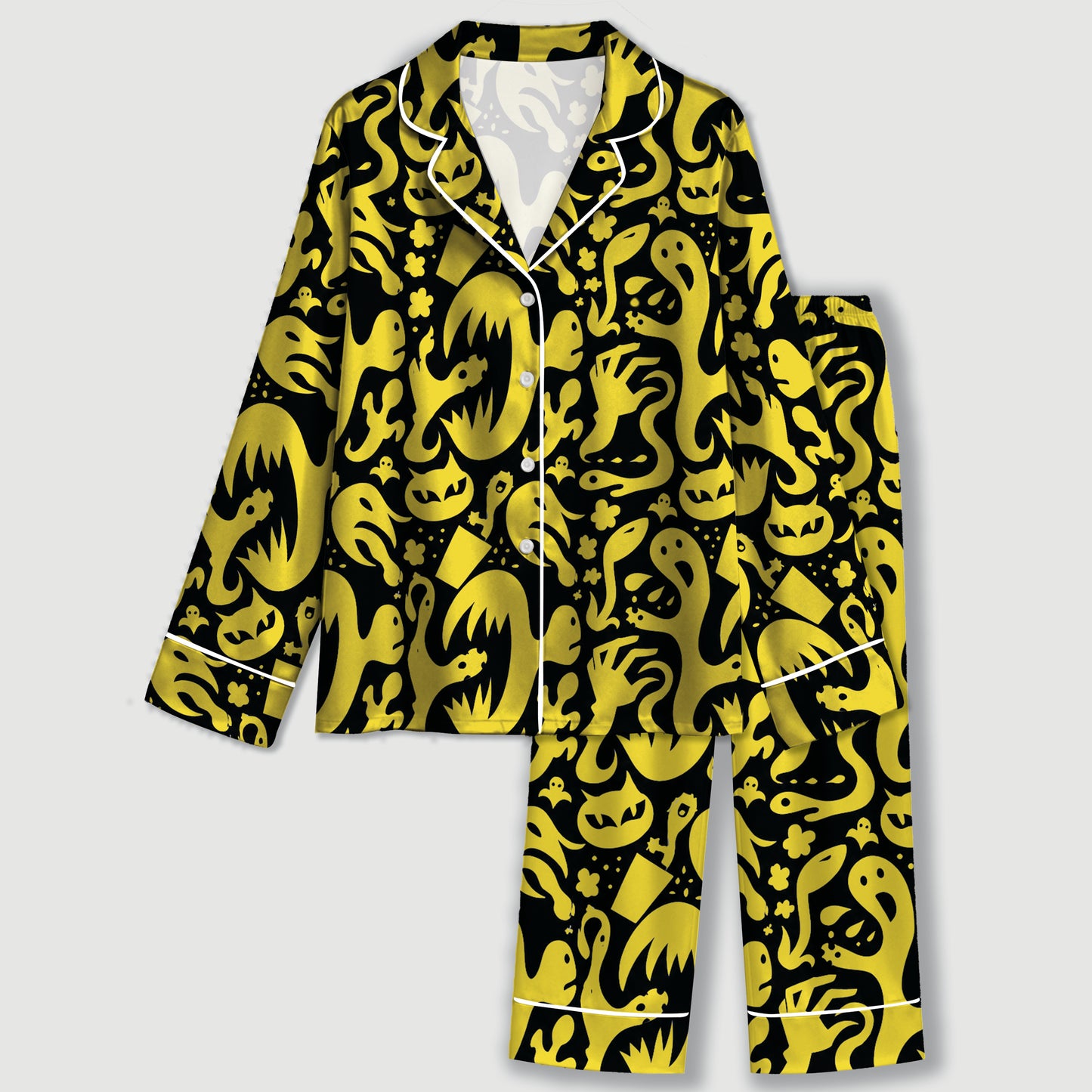 PJ-732-White And Yellow Ghost Patch Satin Pajama Set with Charming Halloween Celebration Print