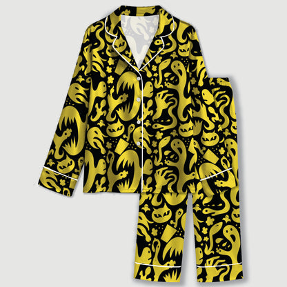 PJ-732-White And Yellow Ghost Patch Satin Pajama Set with Charming Halloween Celebration Print