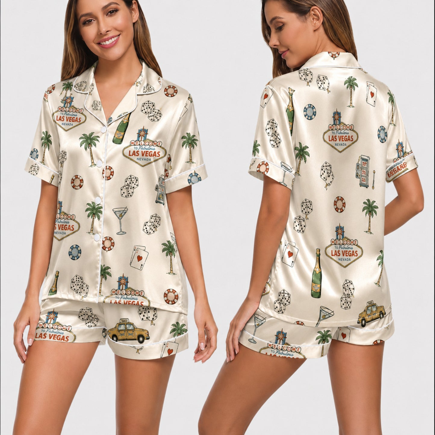 PJ-001-Cream Las Vegas Casino Satin Pajama Set, Ivory Graphic Bachelorette Loungewear Sleepwear Nightwear Collection FREE SHIPING