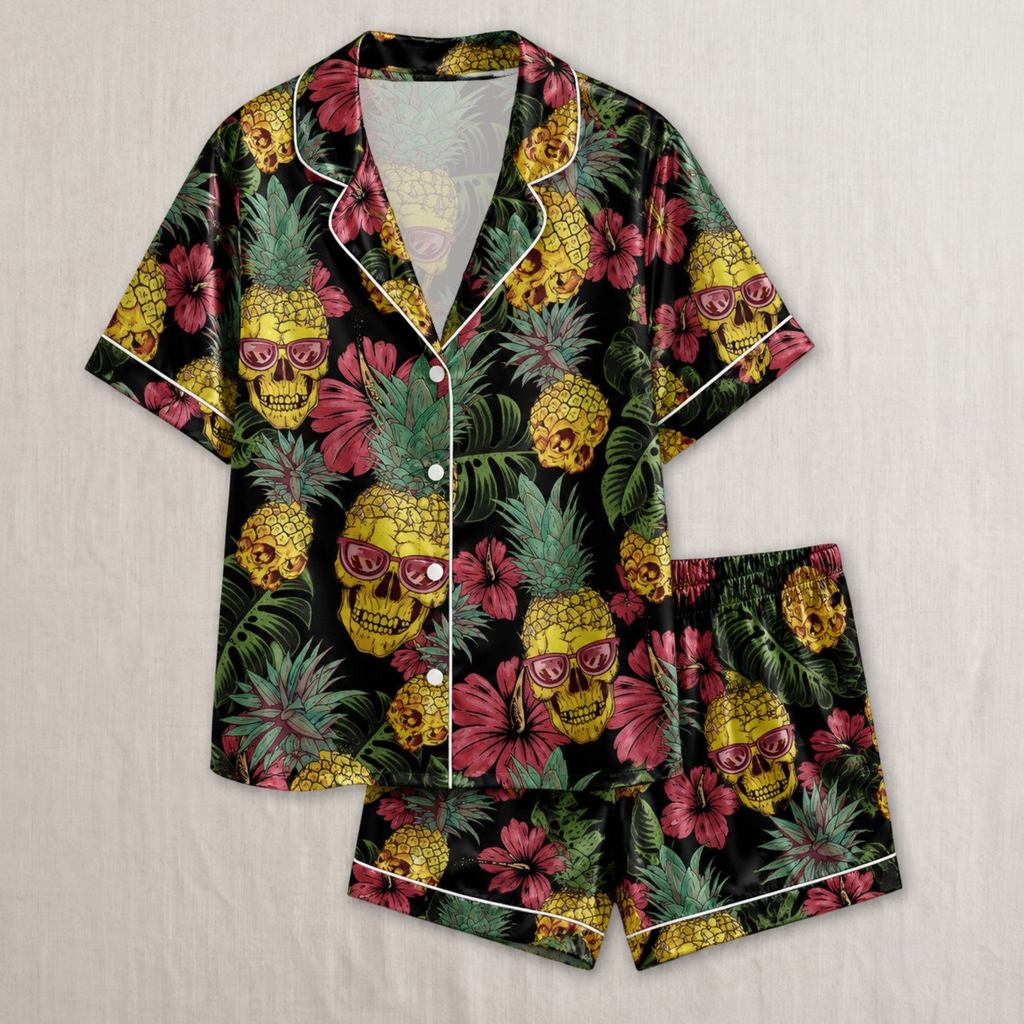 PJ-002-Minimalist Skull Art Satin Pajama Set, Patterned Pitch Tone Lounge Underwear Nightdress Coordinates Lounge FREE SHIPING