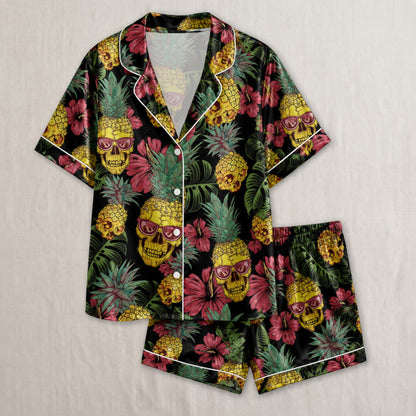 PJ-002-Minimalist Skull Art Satin Pajama Set, Patterned Pitch Tone Lounge Underwear Nightdress Coordinates Lounge FREE SHIPING