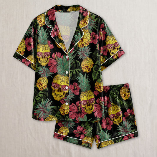 PJ-002-Minimalist Skull Art Satin Pajama Set, Patterned Pitch Tone Lounge Underwear Nightdress Coordinates Lounge FREE SHIPING