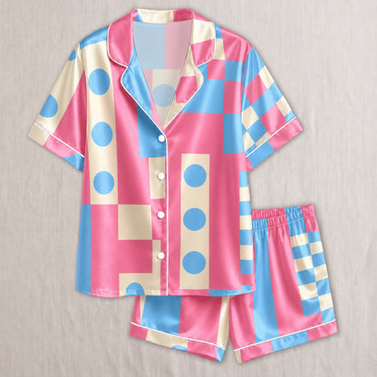 PJ-003-Pink Blue Geometric Block Satin Pajama Set, Cream Graphic Polkadot Loungewear Sleepwear Nightwear FREE SHIPING