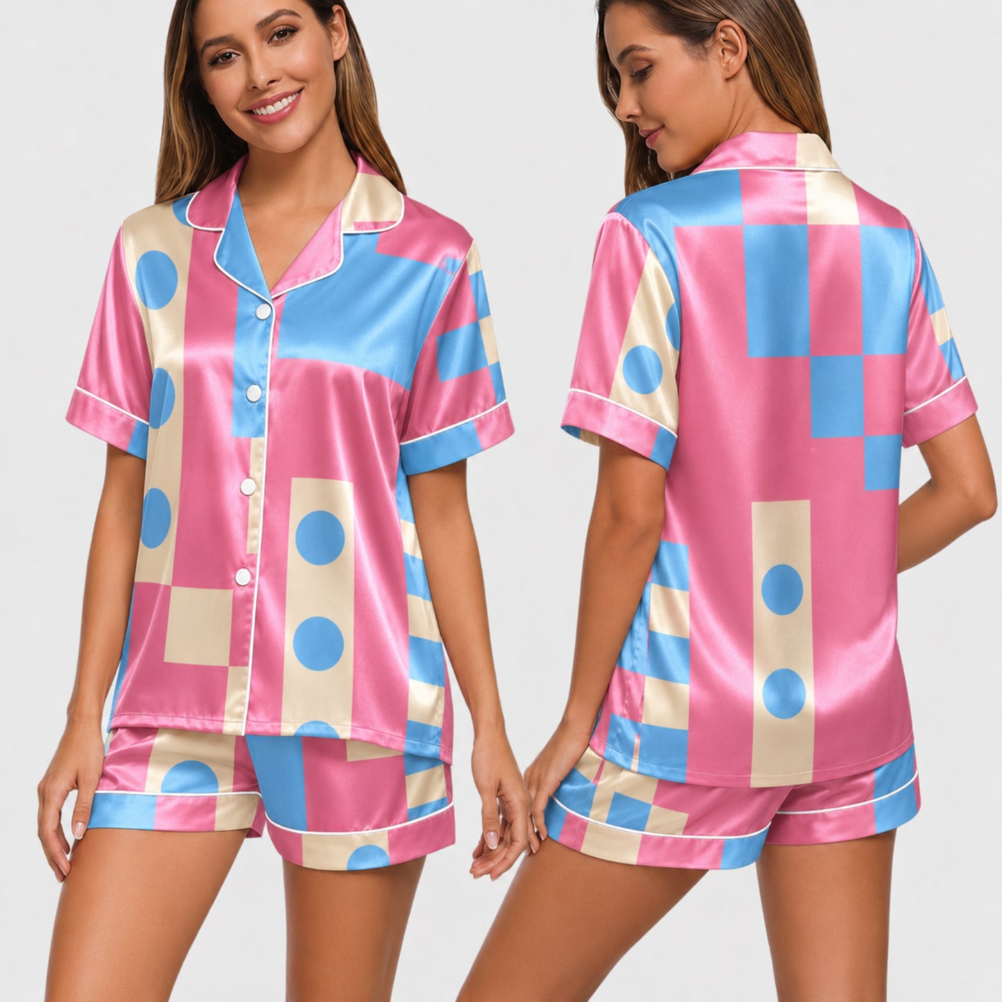 PJ-003-Pink Blue Geometric Block Satin Pajama Set, Cream Graphic Polkadot Loungewear Sleepwear Nightwear FREE SHIPING