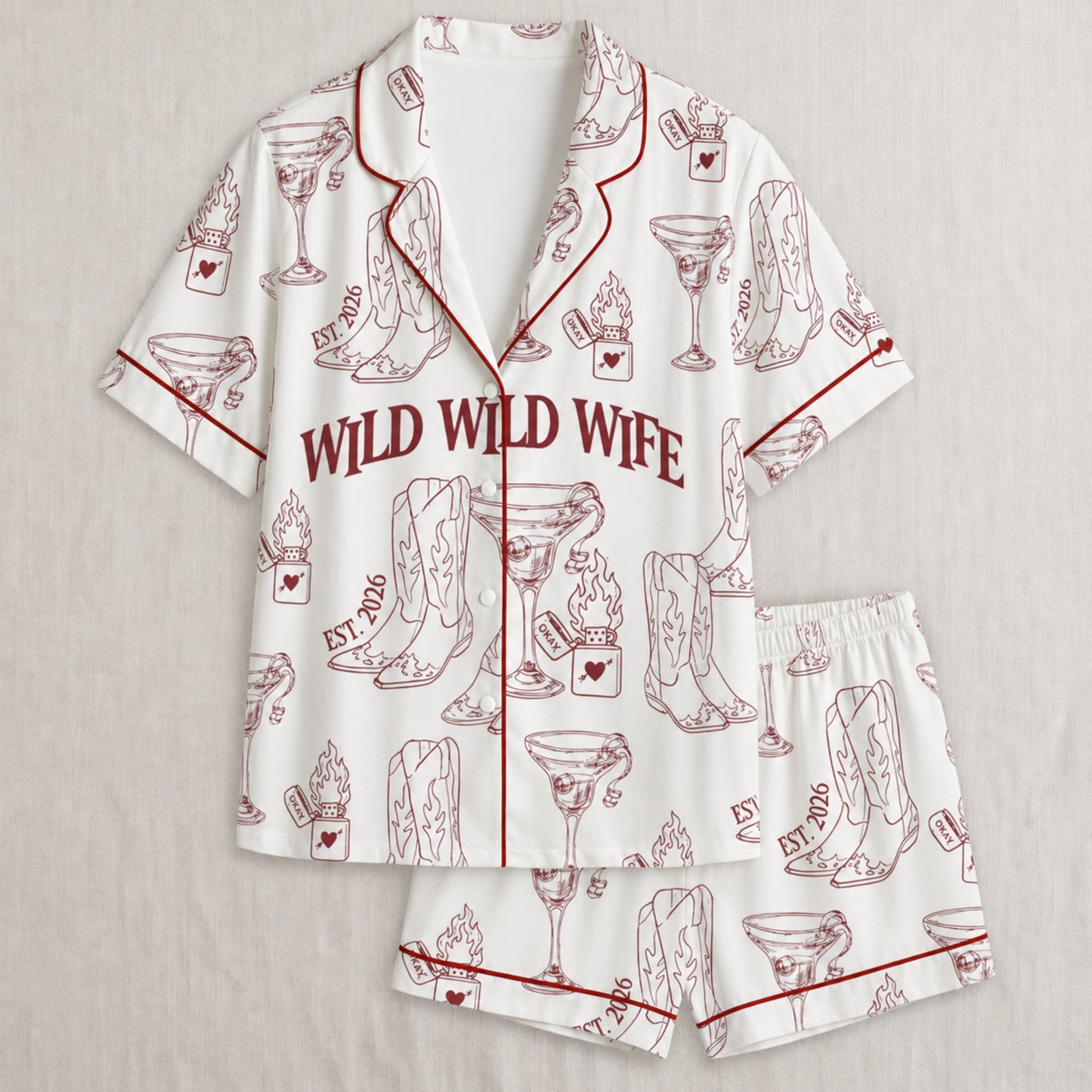 PJ-004-Cute Country Wedding Satin Pajama Set, Romantic Wine Graphic Print Homewear Pjs Set Lounging FREE SHIPING