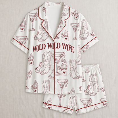 PJ-004-Cute Country Wedding Satin Pajama Set, Romantic Wine Graphic Print Homewear Pjs Set Lounging FREE SHIPING