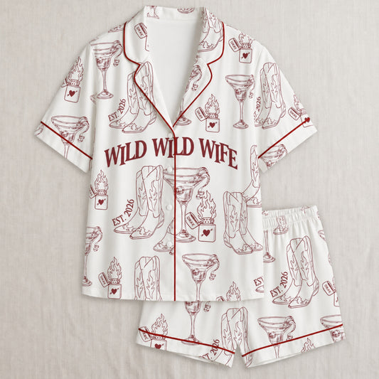 PJ-004-Cute Country Wedding Satin Pajama Set, Romantic Wine Graphic Print Homewear Pjs Set Lounging FREE SHIPING
