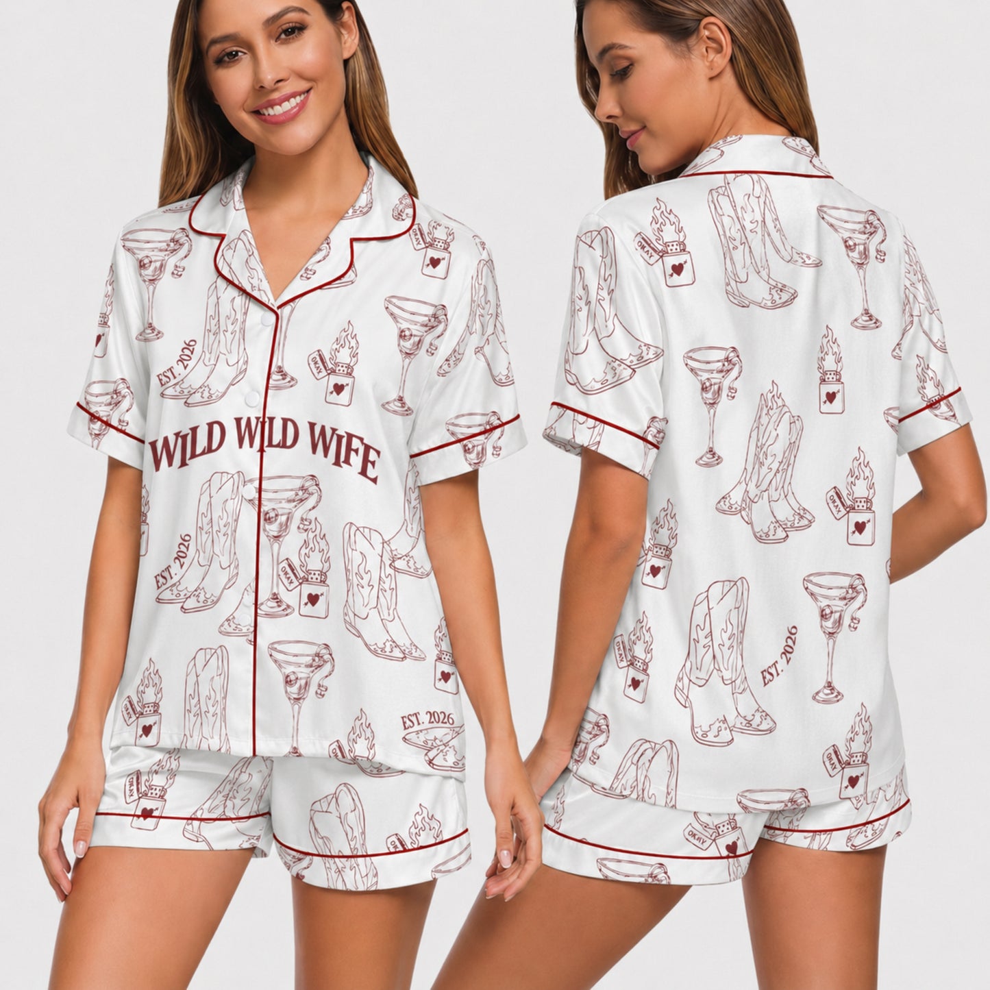 PJ-004-Cute Country Wedding Satin Pajama Set, Romantic Wine Graphic Print Homewear Pjs Set Lounging FREE SHIPING