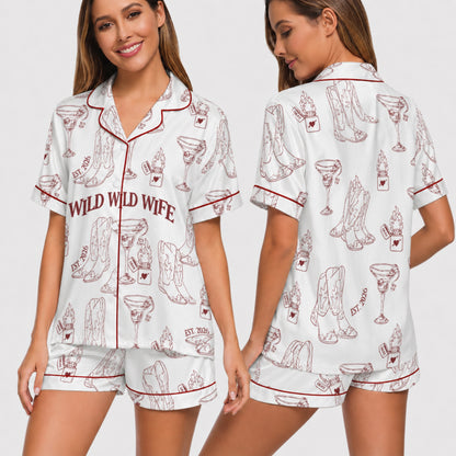 PJ-004-Cute Country Wedding Satin Pajama Set, Romantic Wine Graphic Print Homewear Pjs Set Lounging FREE SHIPING