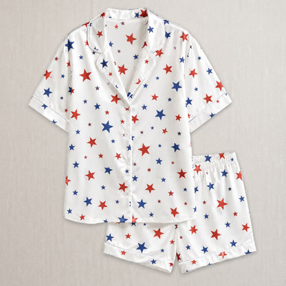 PJ-005-Patterned Constellation Premium Satin Pajama Set, Light Alabaster Short Sleeve Button Front Apparel Nightshirts FREE SHIPING