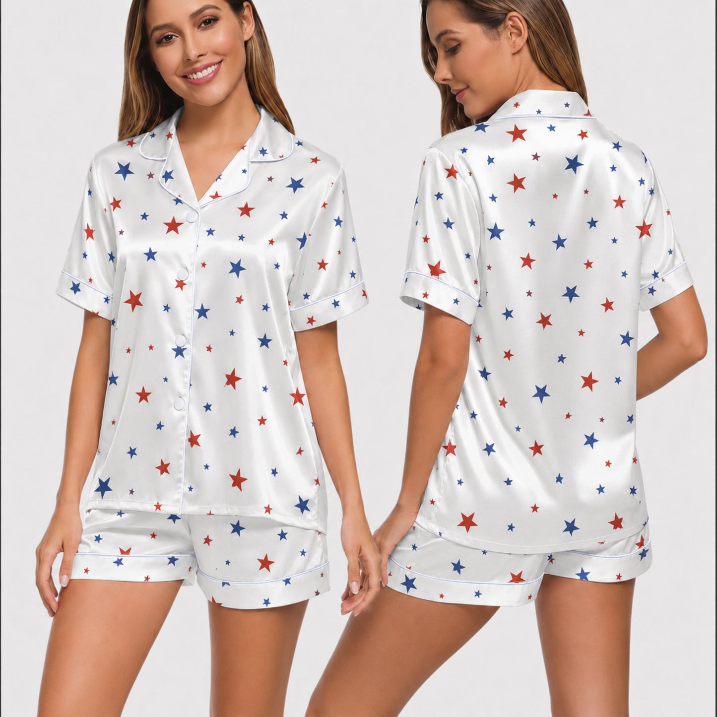 PJ-005-Patterned Constellation Premium Satin Pajama Set, Light Alabaster Short Sleeve Button Front Apparel Nightshirts FREE SHIPING