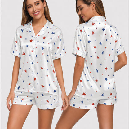 PJ-005-Patterned Constellation Premium Satin Pajama Set, Light Alabaster Short Sleeve Button Front Apparel Nightshirts FREE SHIPING