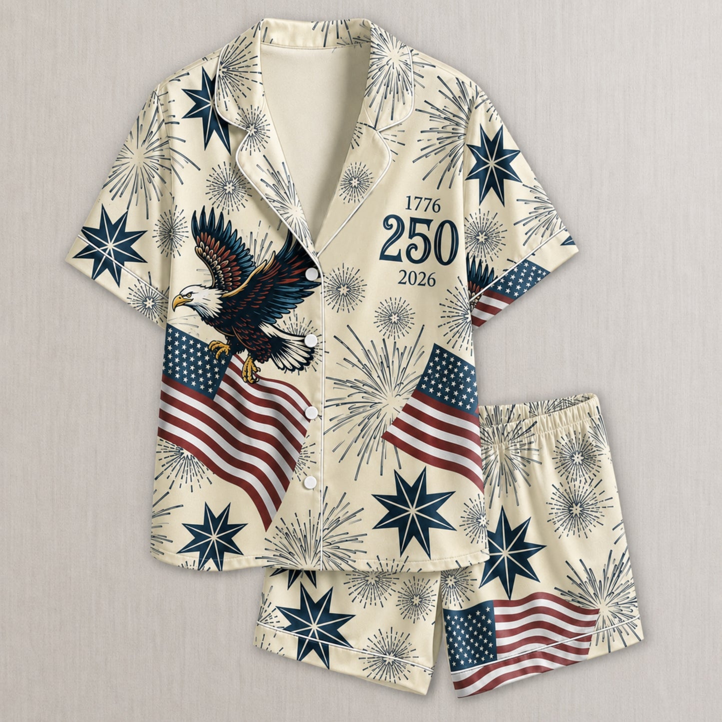 PJ-006-Repeating Independence Fireworks Printed Satin Pajama Set, Whimsical Jubilee Pastel Unisex Sleepwear Lounge Coordinates FREE SHIPING