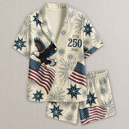 PJ-006-Repeating Independence Fireworks Printed Satin Pajama Set, Whimsical Jubilee Pastel Unisex Sleepwear Lounge Coordinates FREE SHIPING