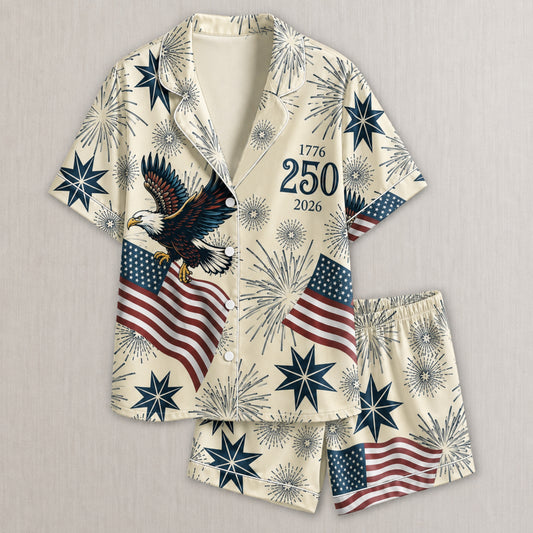 PJ-006-Repeating Independence Fireworks Printed Satin Pajama Set, Whimsical Jubilee Pastel Unisex Sleepwear Lounge Coordinates FREE SHIPING