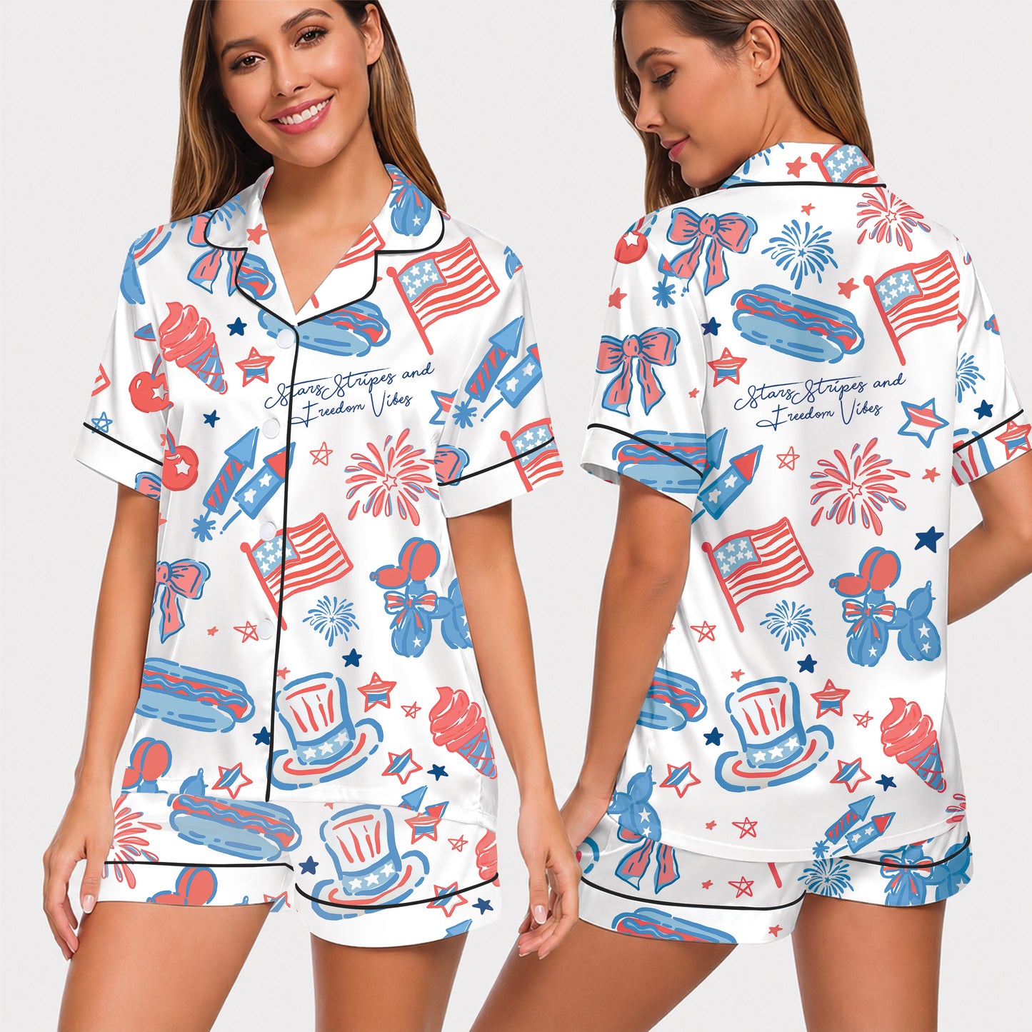 PJ-018-Satin Americana Black Piping Button Up Long/Short Pajama Set FREE SHIPING