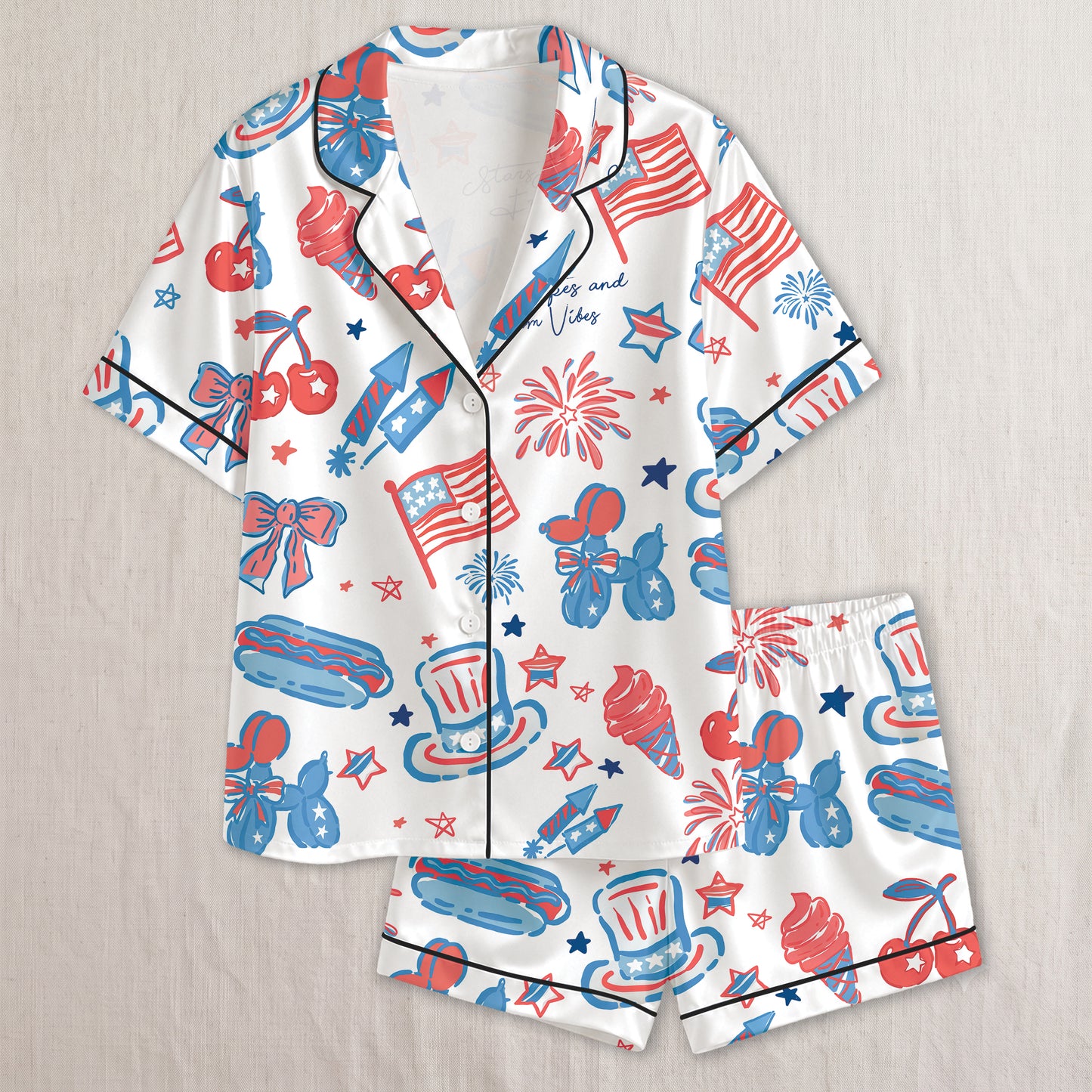 PJ-018-Satin Americana Black Piping Button Up Long/Short Pajama Set FREE SHIPING