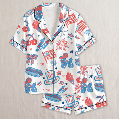 PJ-018-Satin Americana Black Piping Button Up Long/Short Pajama Set FREE SHIPING