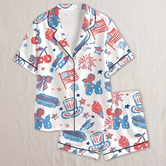 PJ-018-Satin Americana Black Piping Button Up Long/Short Pajama Set FREE SHIPING