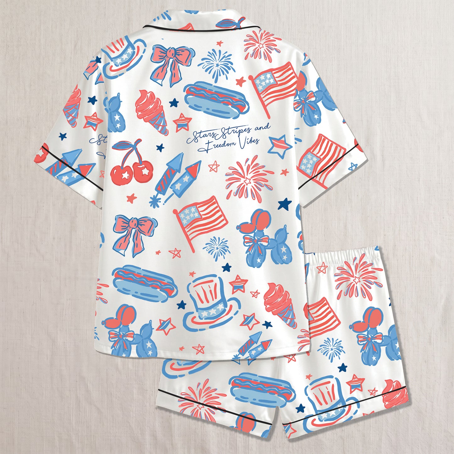 PJ-018-Satin Americana Black Piping Button Up Long/Short Pajama Set FREE SHIPING