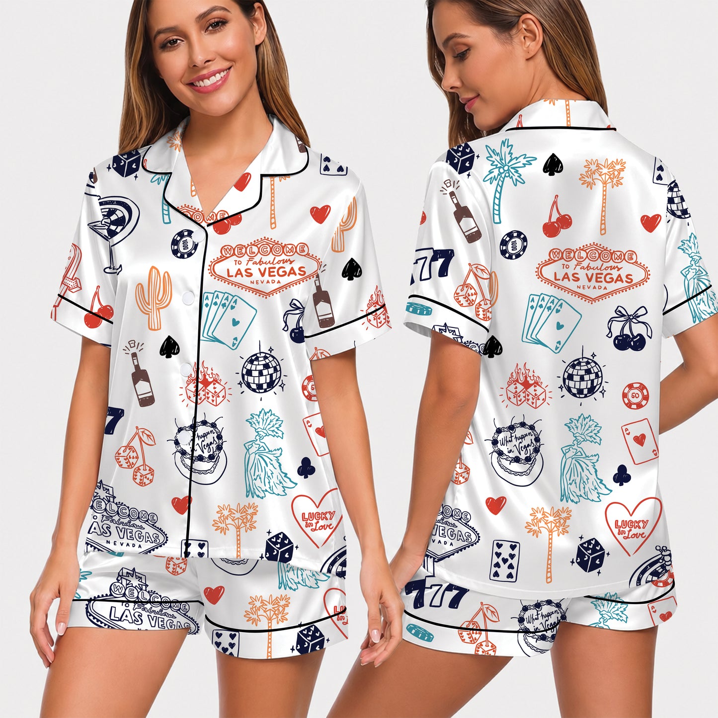 PJ-019-Satin Las Vegas Black Piping Button Up Long/Short Pajama Set FREE SHIPING