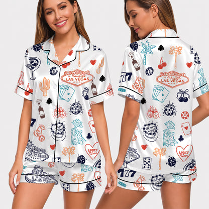 PJ-019-Satin Las Vegas Black Piping Button Up Long/Short Pajama Set FREE SHIPING