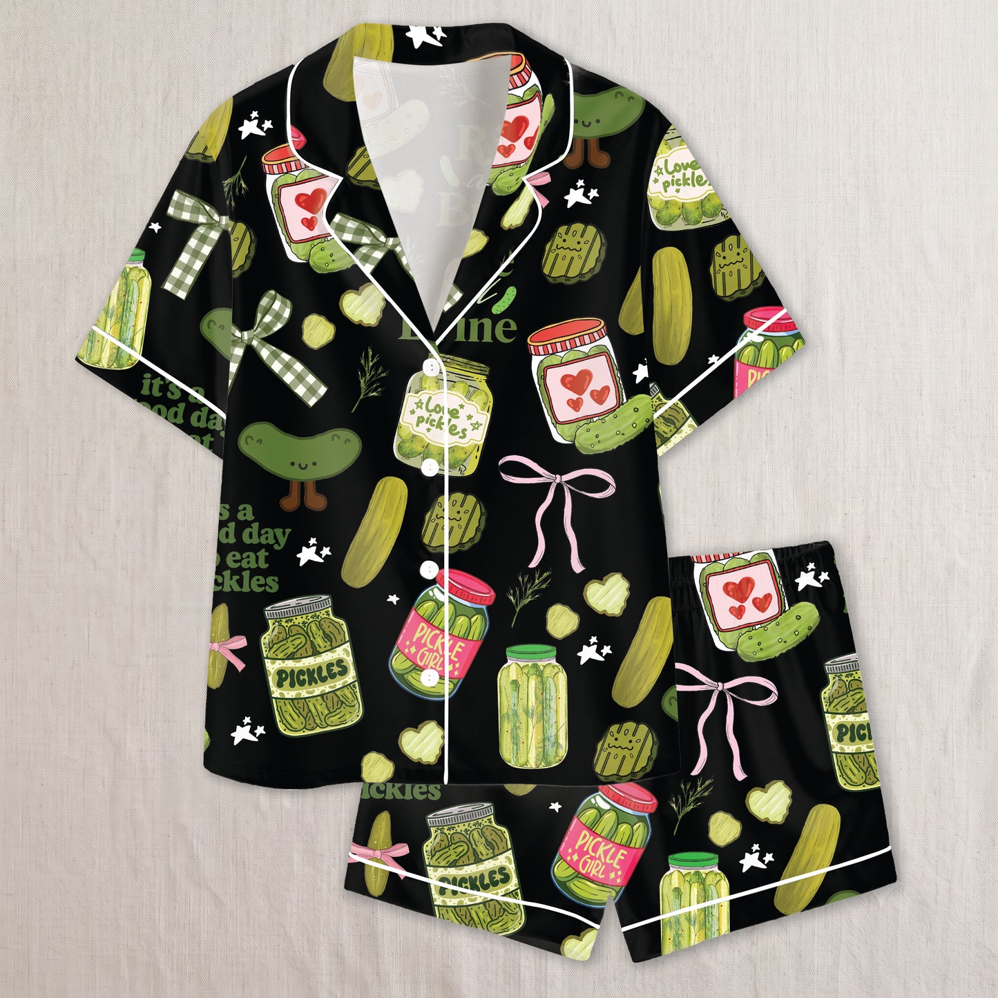 PJ-022-Satin Pickle Print Button Up Pajama Set FREE SHIPING