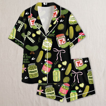 PJ-022-Satin Pickle Print Button Up Pajama Set FREE SHIPING