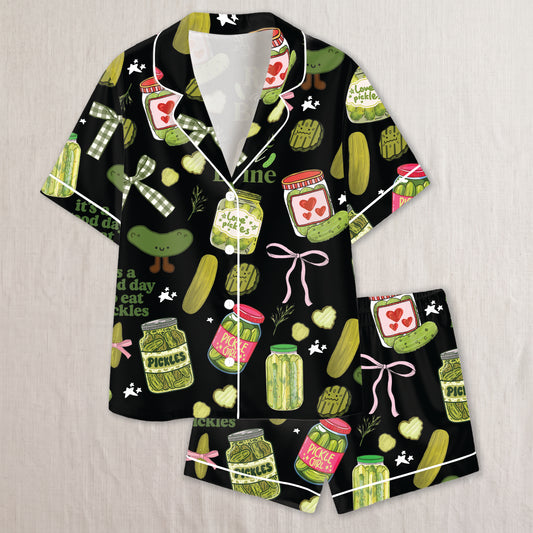PJ-022-Satin Pickle Print Button Up Pajama Set FREE SHIPING