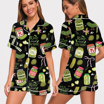 PJ-022-Satin Pickle Print Button Up Pajama Set FREE SHIPING