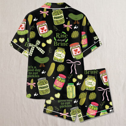 PJ-022-Satin Pickle Print Button Up Pajama Set FREE SHIPING