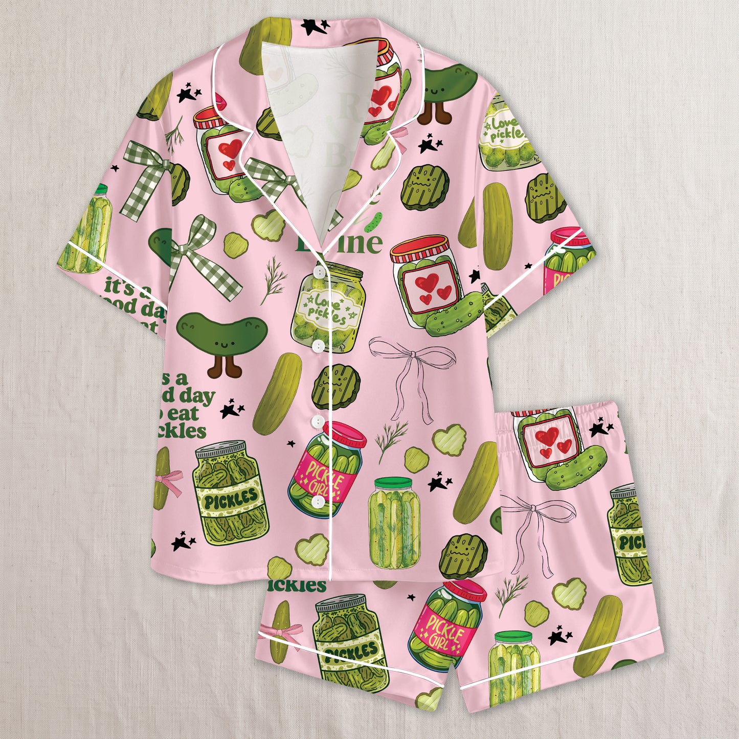 PJ-022-Satin Pickle Print Button Up Pajama Set FREE SHIPING