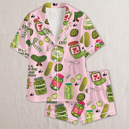 PJ-022-Satin Pickle Print Button Up Pajama Set FREE SHIPING