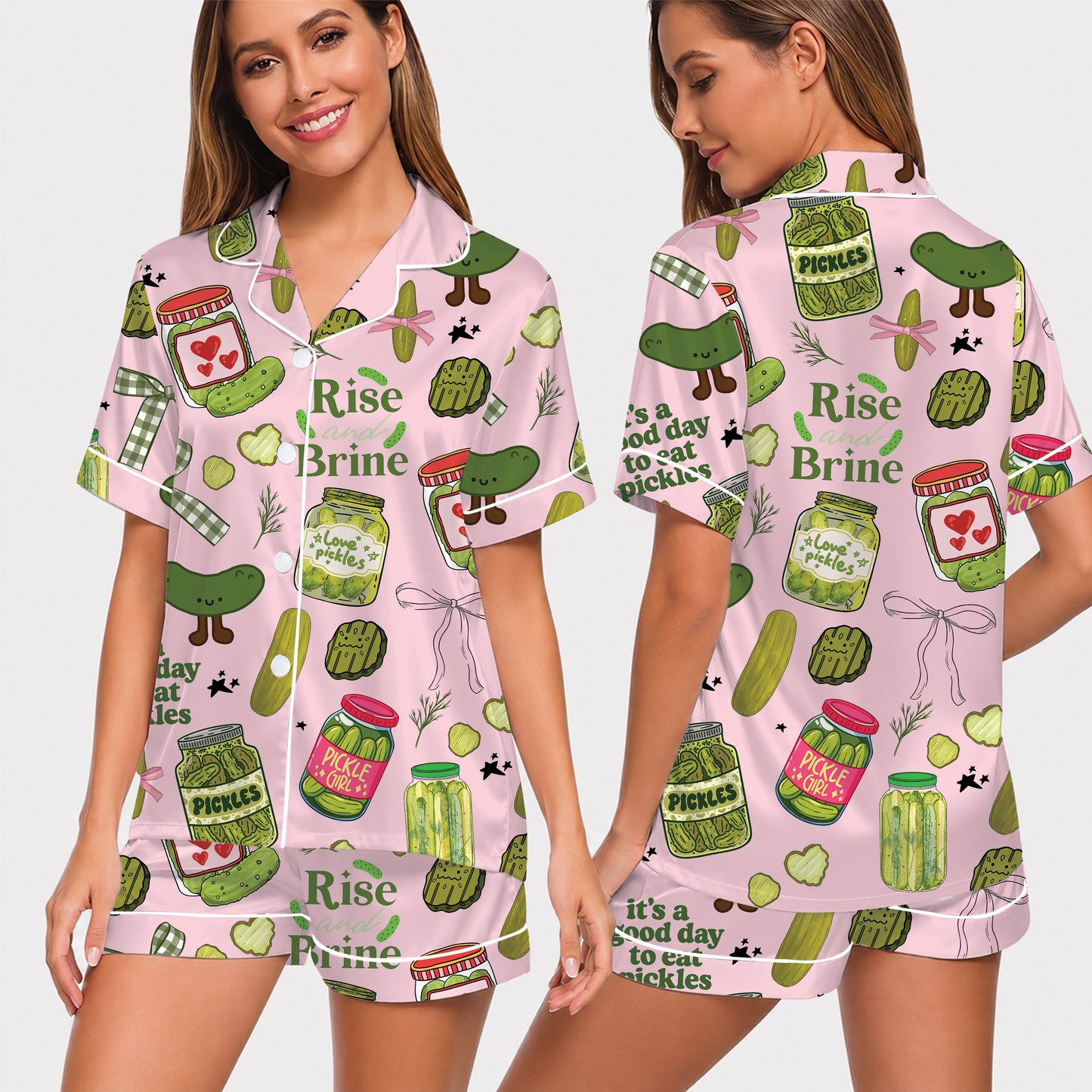 PJ-022-Satin Pickle Print Button Up Pajama Set FREE SHIPING
