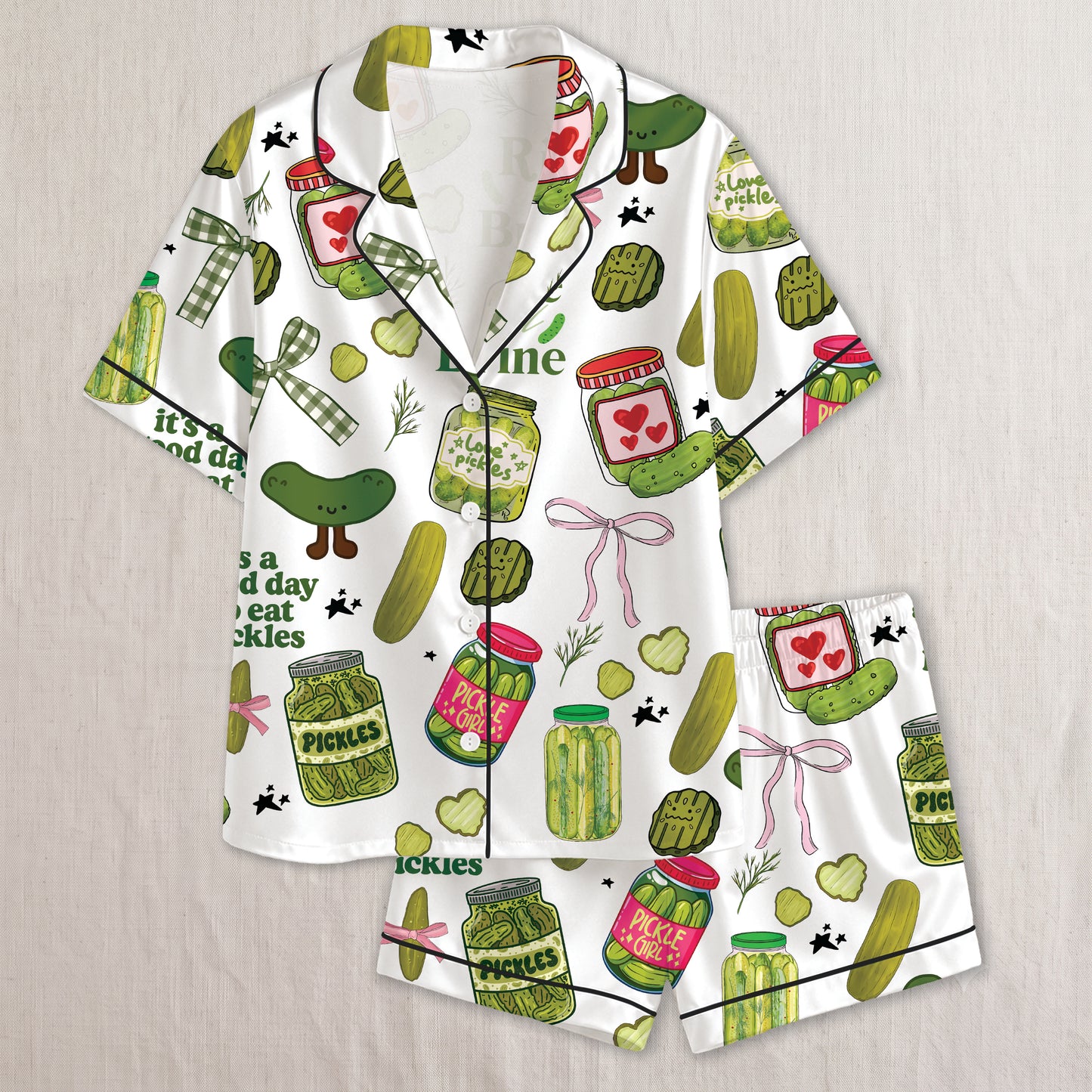 PJ-022-Satin Pickle Print Button Up Pajama Set FREE SHIPING