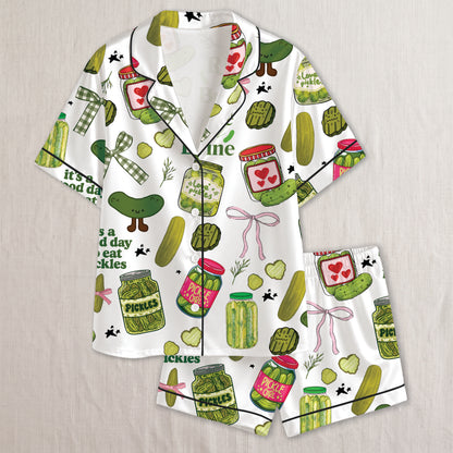 PJ-022-Satin Pickle Print Button Up Pajama Set FREE SHIPING