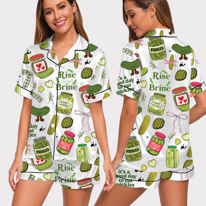 PJ-022-Satin Pickle Print Button Up Pajama Set FREE SHIPING