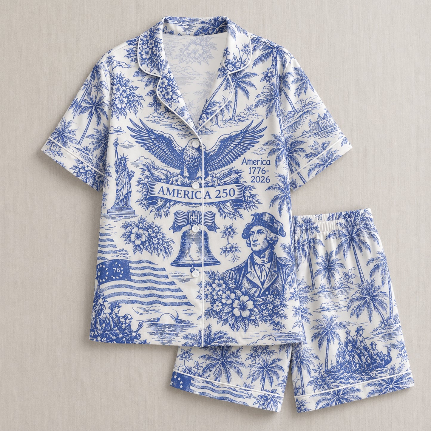 PJ-025-Satin America 250 Toile White Piping Button Up Long/Short Pajama Set FREE SHIPING